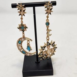 Crescent Moon Sun Dangle Post Earrings Gold Tone Cream Green Enamel Rhinestones